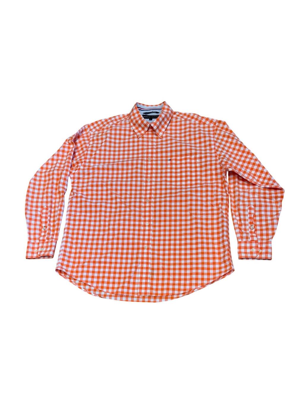 Tommy Hilfiger Button Up Dress Shirt Mens Large Orange Check Plaid Y2k Classic